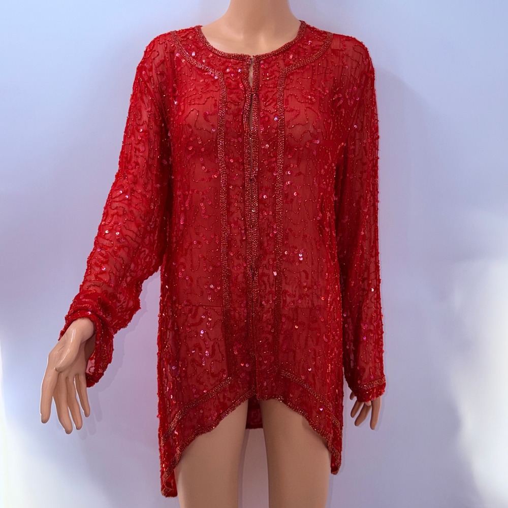 Red Beaded Sequin 100% Silk L Vamp Femme Fatale Whimsigoth BoHo Glam Festival